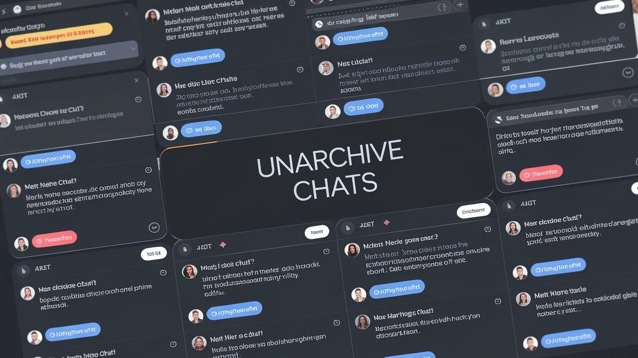 Main image: A cinematic shot of a user interface with multiple chat windows. Each window contains text conversations. There is a button that says "Unarchive chats".