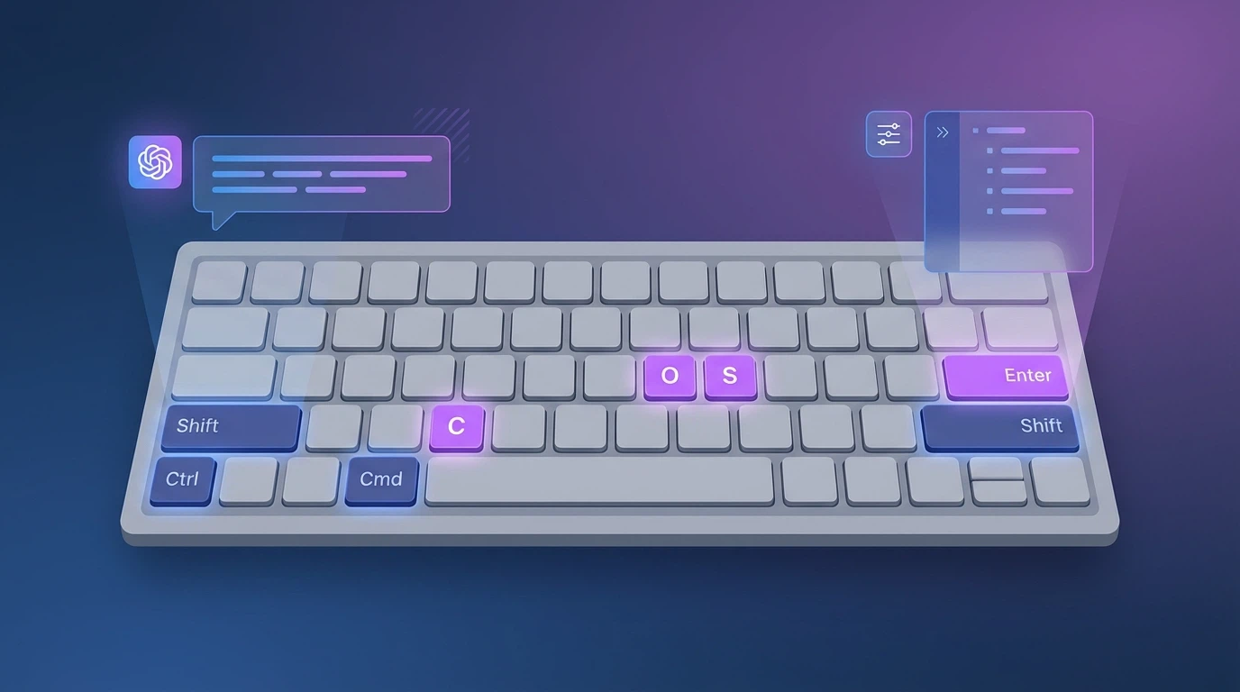 Keyboard with highlighted shortcut keys for ChatGPT navigation including Enter, Shift+Enter, Ctrl+Shift+C, and arrow keys with ChatGPT interface elements