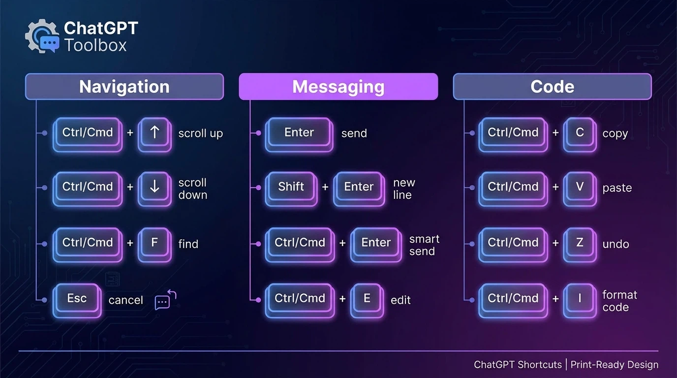 ChatGPT keyboard shortcuts cheat sheet showing organized groups for navigation, messaging, and code block shortcuts