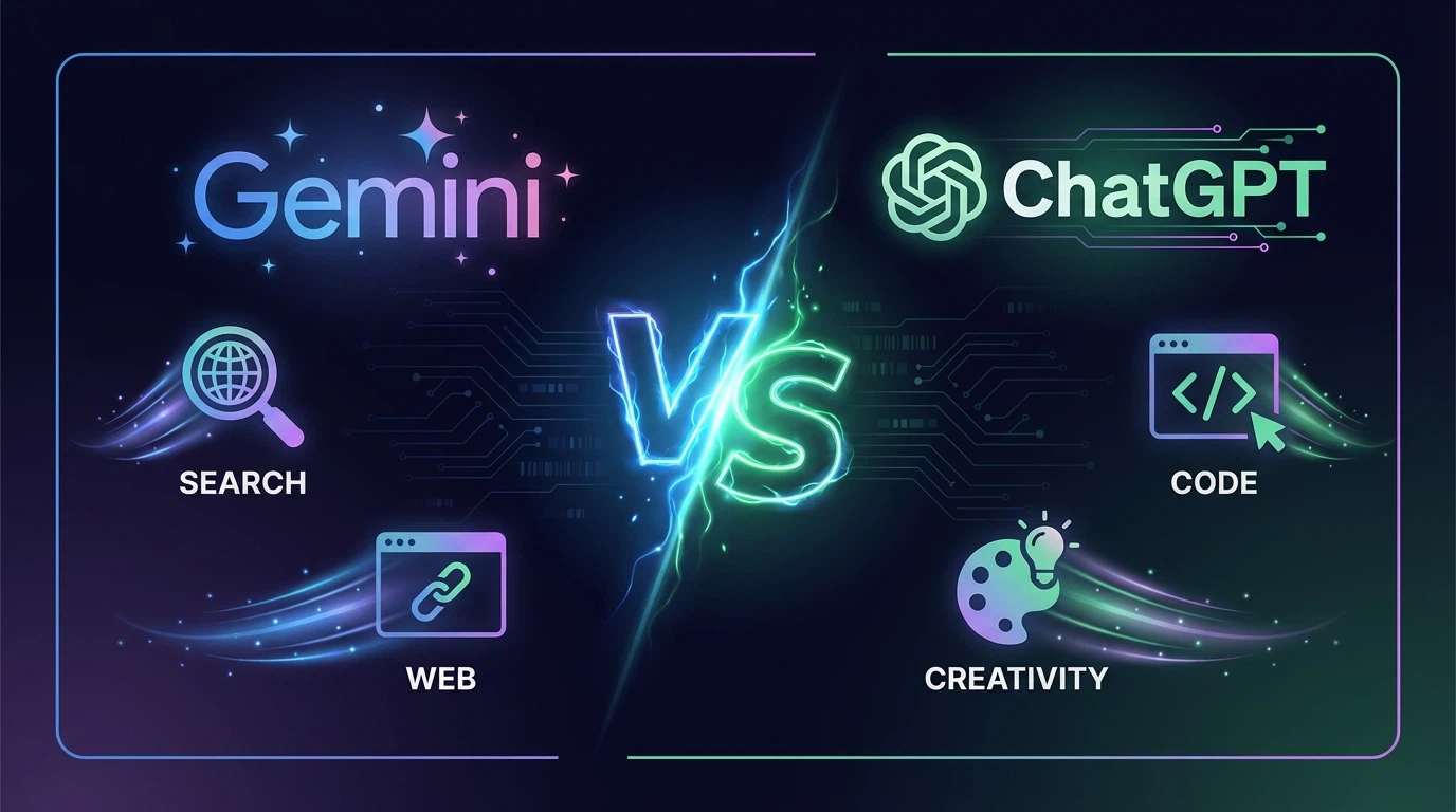 Split-screen comparison of Gemini and ChatGPT interfaces with feature icons and comparison metrics floating between them