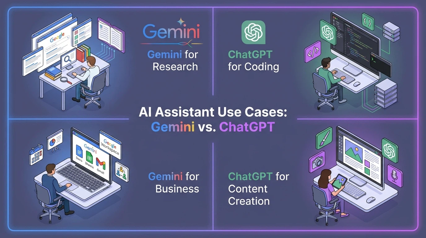 Four-quadrant illustration showing ideal use cases for Gemini (research, Google apps) and ChatGPT (coding, content creation)