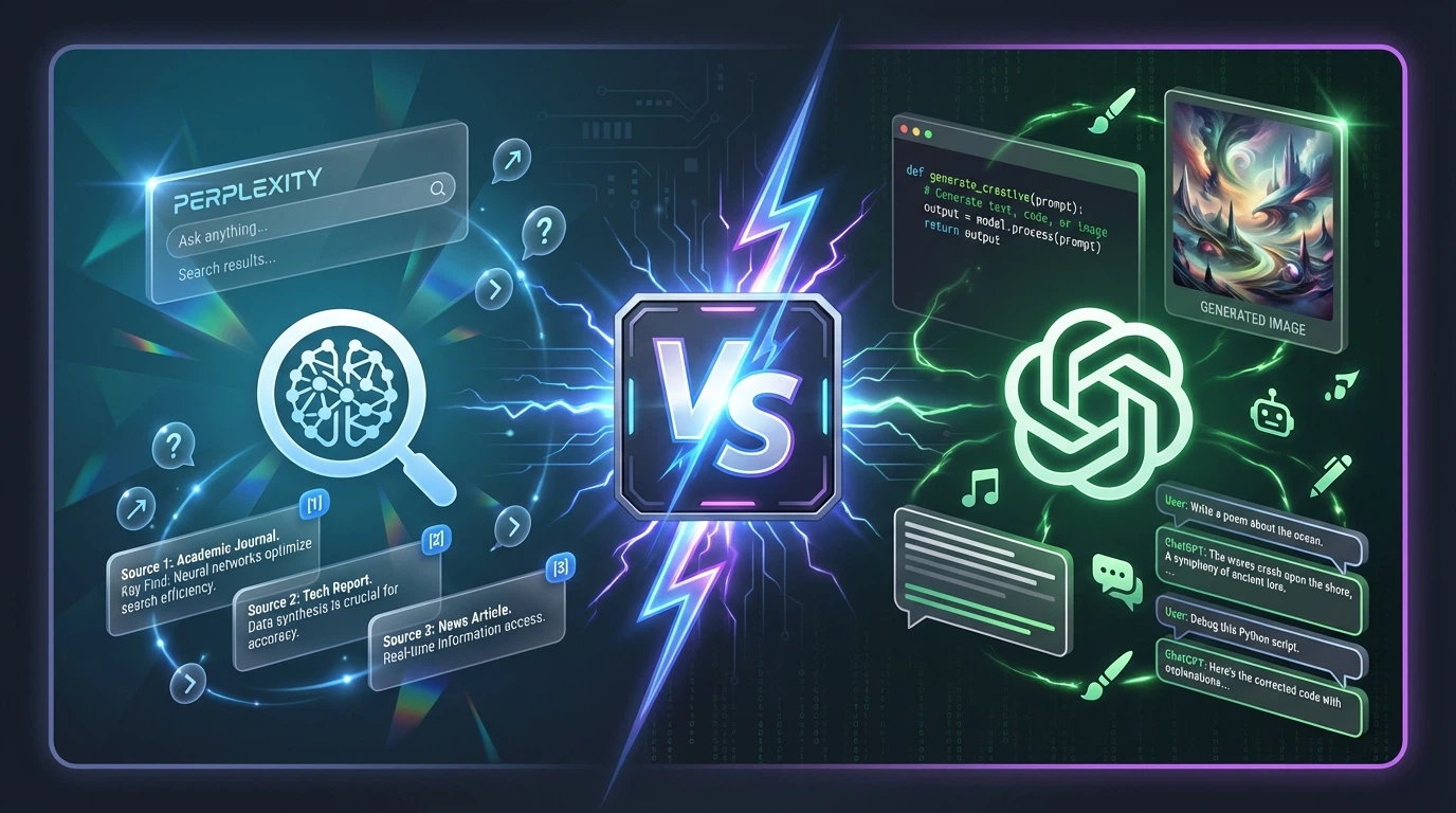 Split-screen comparison of Perplexity AI and ChatGPT interfaces showing their distinct approaches to AI assistance