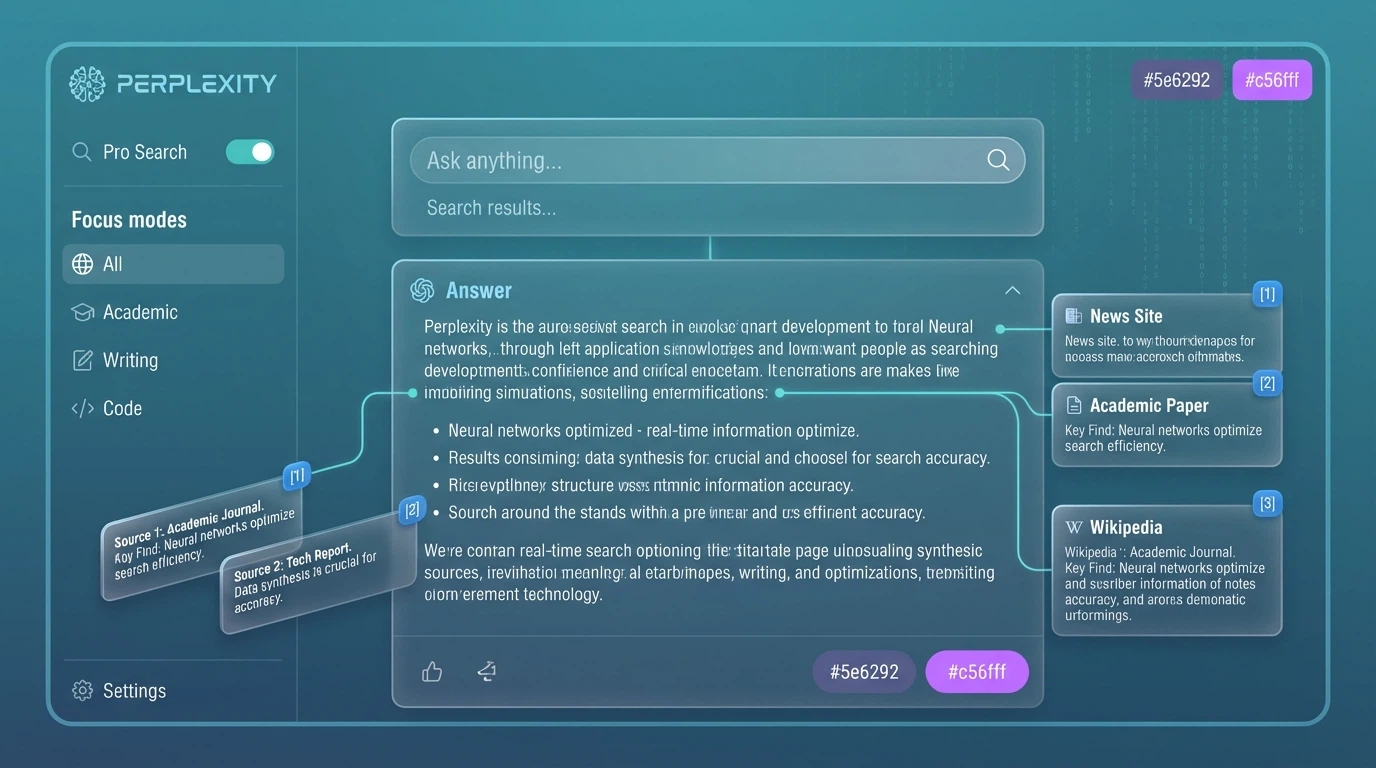 Perplexity AI interface showing cited sources and research capabilities