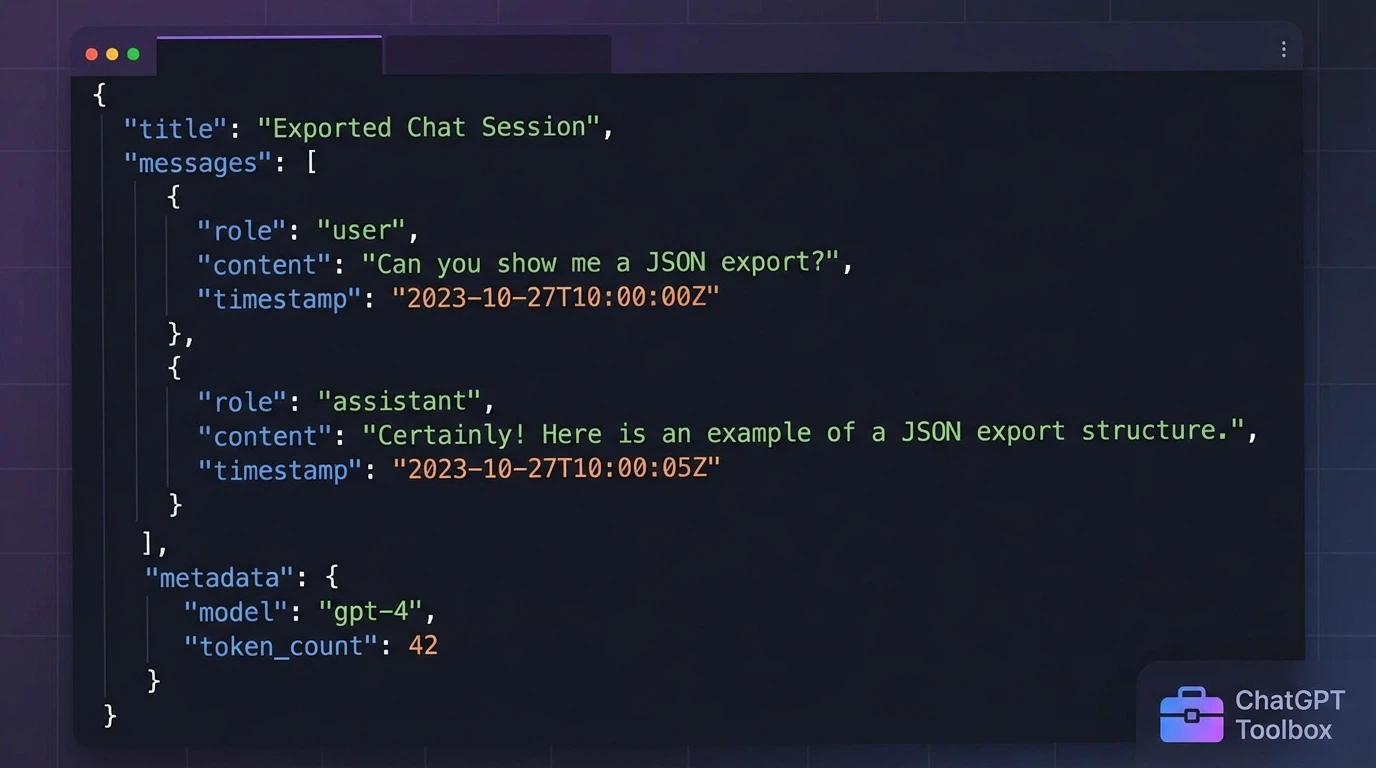 JSON code structure showing ChatGPT conversation export with timestamps and metadata