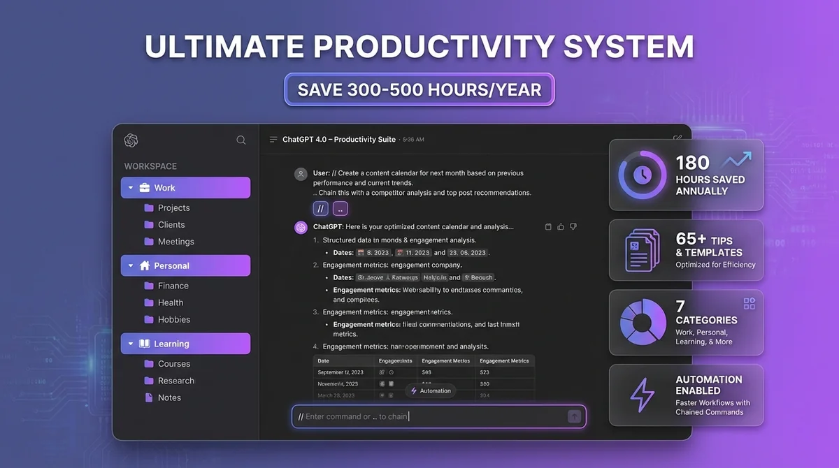 ChatGPT productivity dashboard showing organized workflows with folders, keyboard shortcuts, and time-saving features