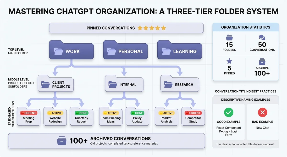 Organized ChatGPT folder structure with categories for work, personal, and projects
