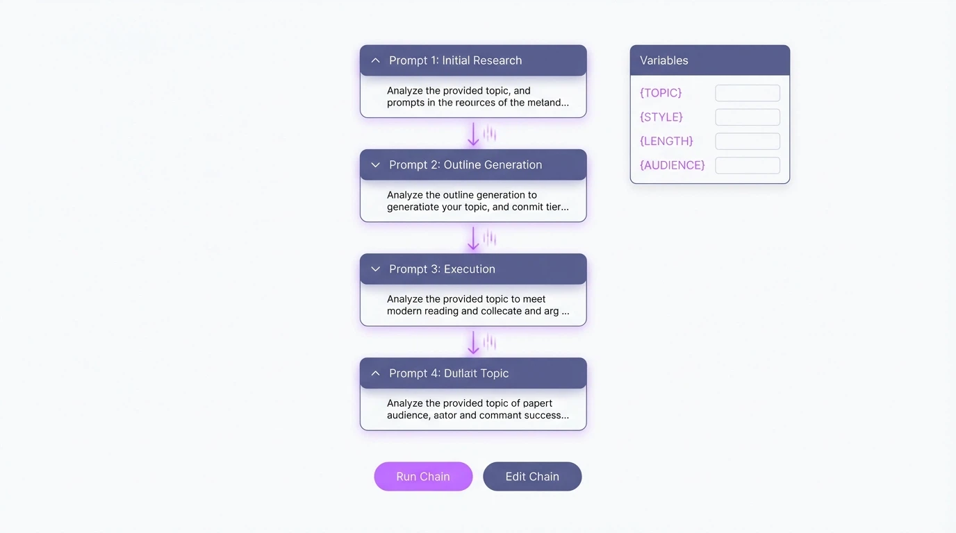 Prompt chaining interface showing automated workflow sequence with dynamic variables