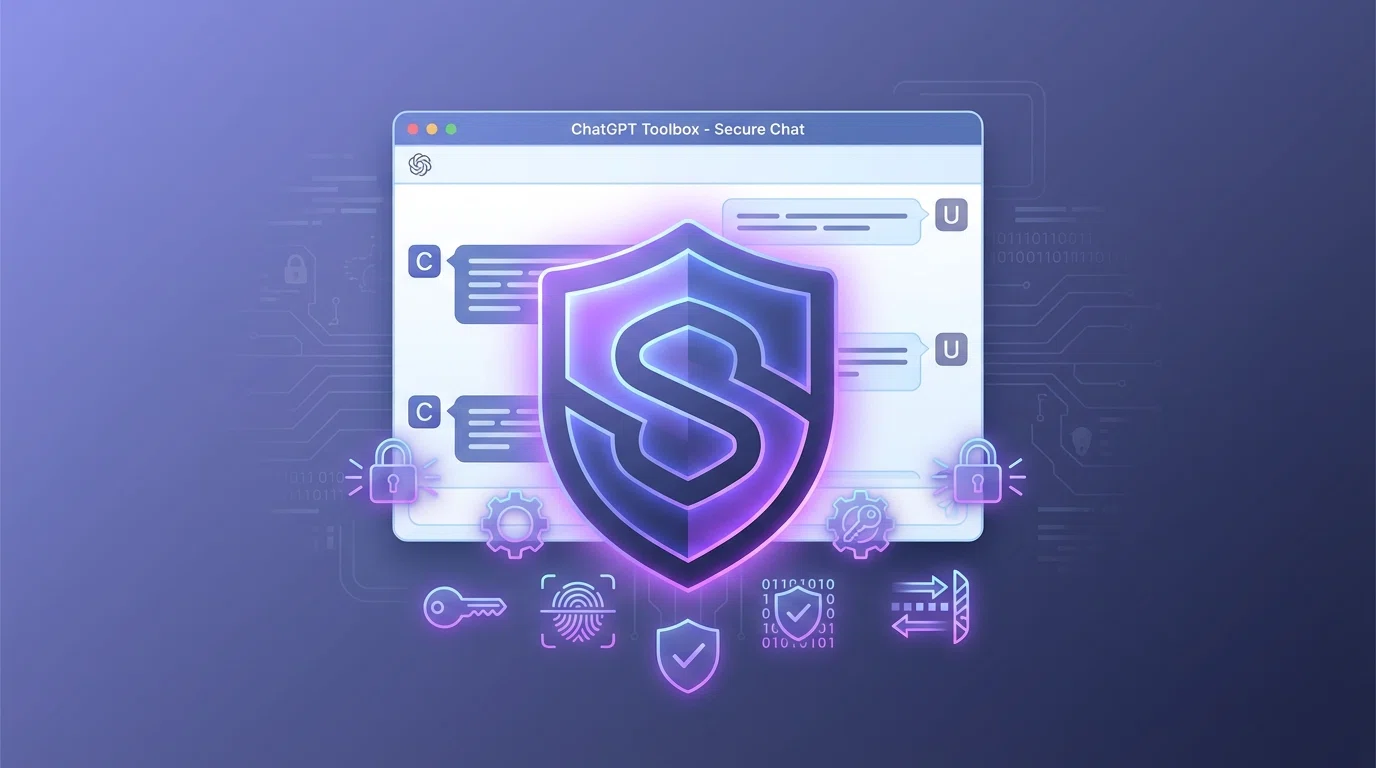 Digital security shield protecting ChatGPT conversation window with encryption symbols and privacy icons
