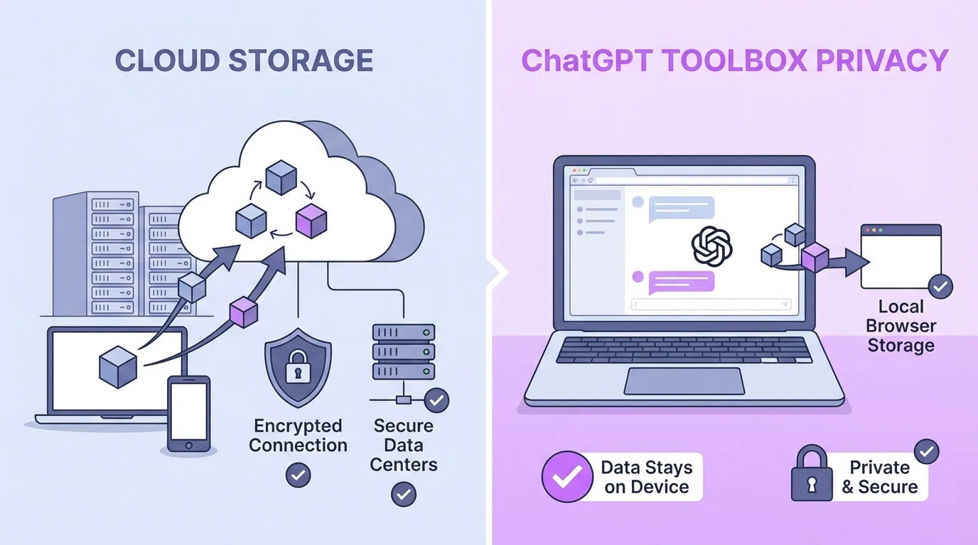 Comparison infographic showing cloud storage vs local storage privacy approaches for ChatGPT data