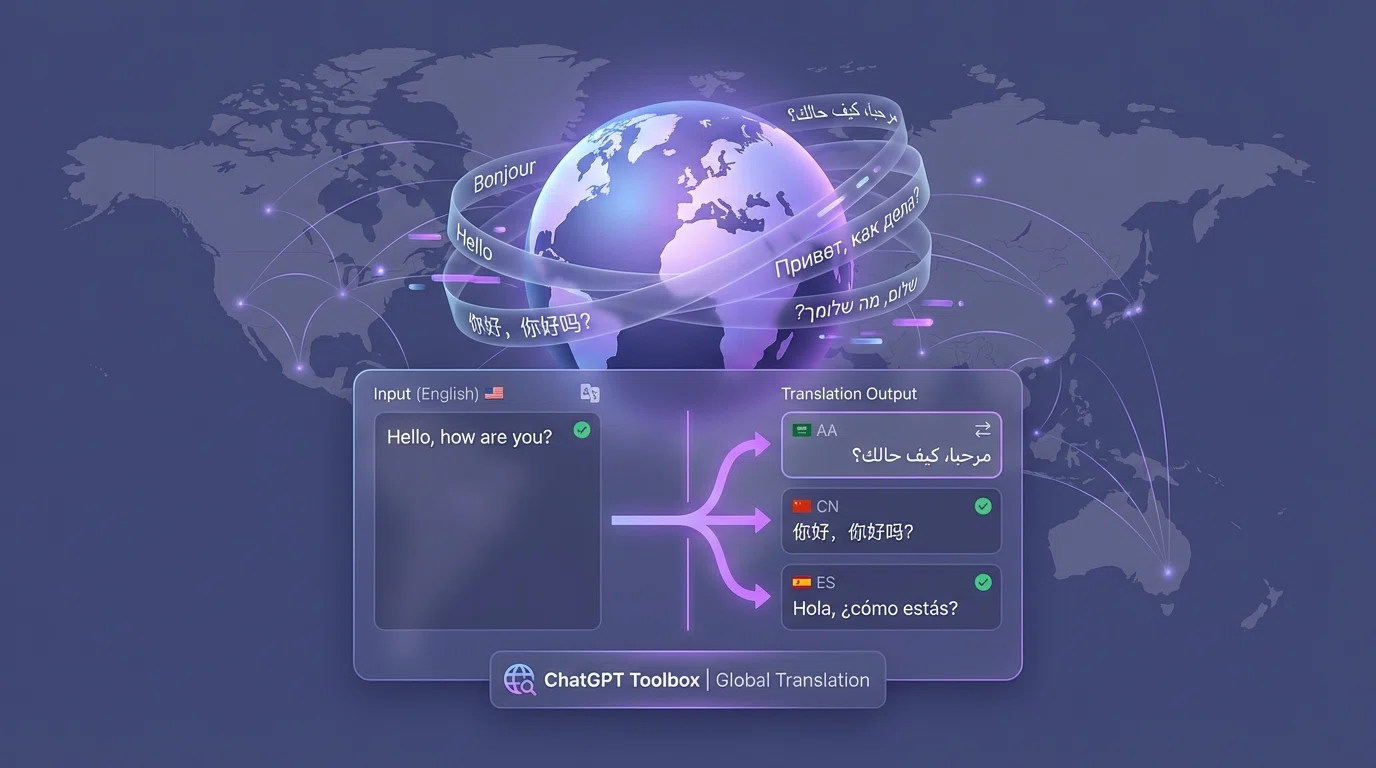 Globe with multiple language flags and ChatGPT interface showing translation between languages with RTL text support