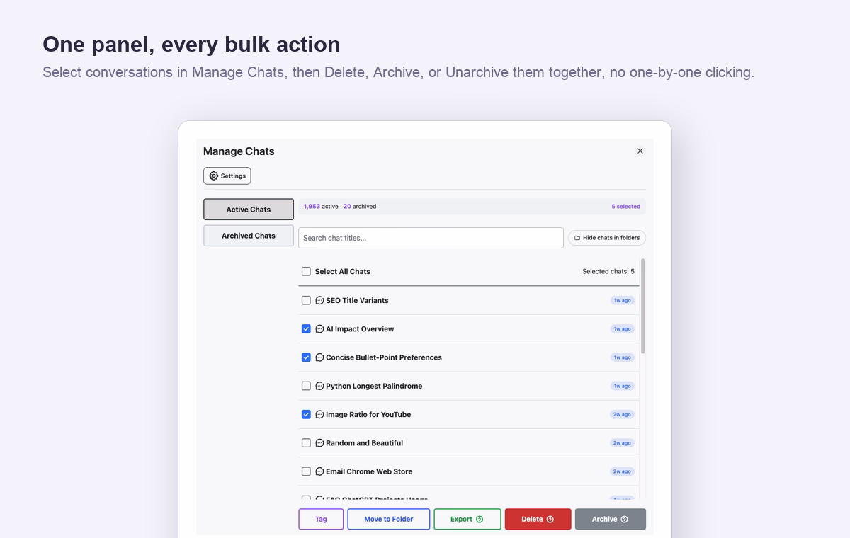AI Toolbox Manage Chats panel with conversations selected and Tag, Move to Folder, Export, Delete, and Archive bulk buttons