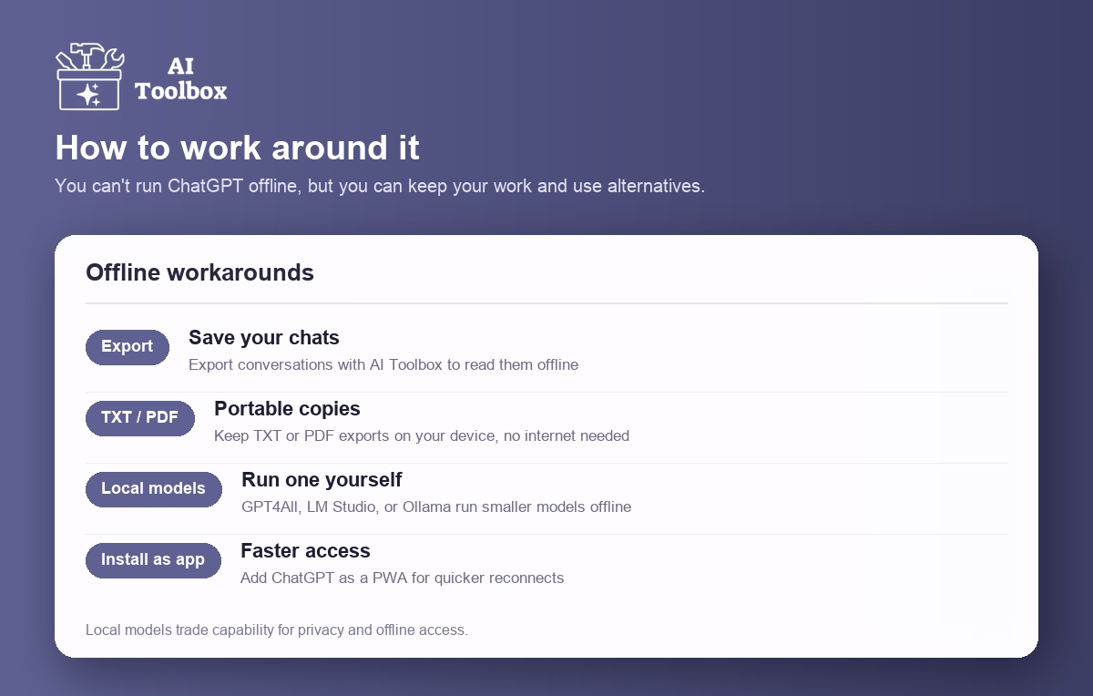 ChatGPT offline workarounds: export your chats with AI Toolbox, keep TXT or PDF copies, run local models like GPT4All or Ollama, and install as a PWA