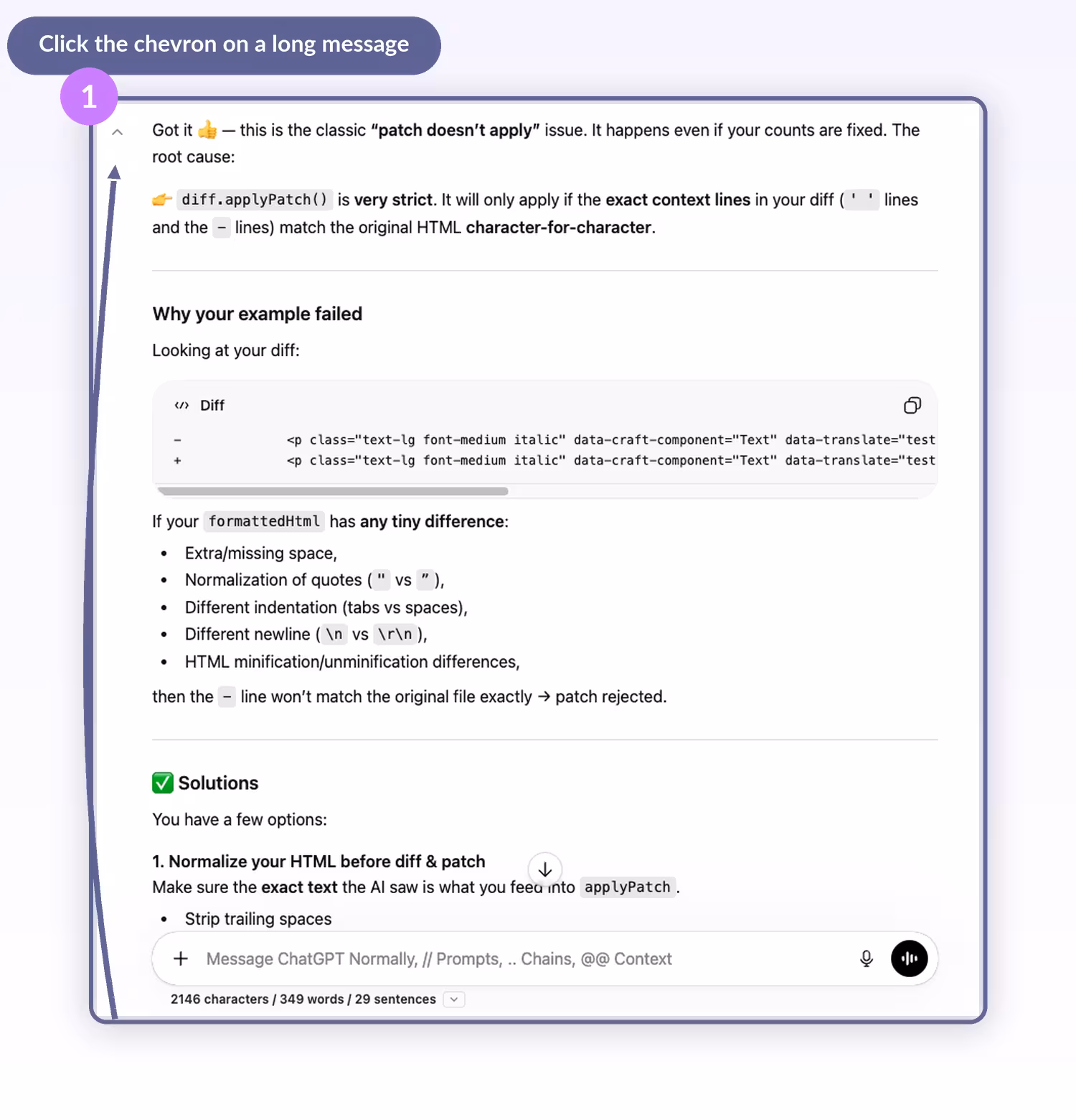 Step 1: a long ChatGPT message with the AI Toolbox collapse chevron in the top corner