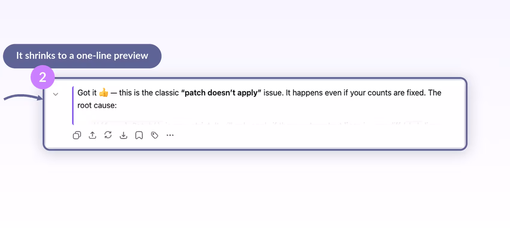 Step 2: the same ChatGPT message collapsed to a single-line preview after clicking the chevron