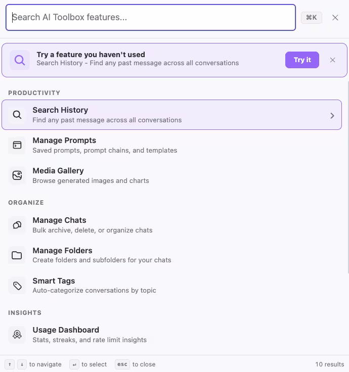 ChatGPT command palette listing Search History, Manage Prompts, Media Gallery, Manage Chats, Manage Folders, Smart Tags, and Usage Dashboard