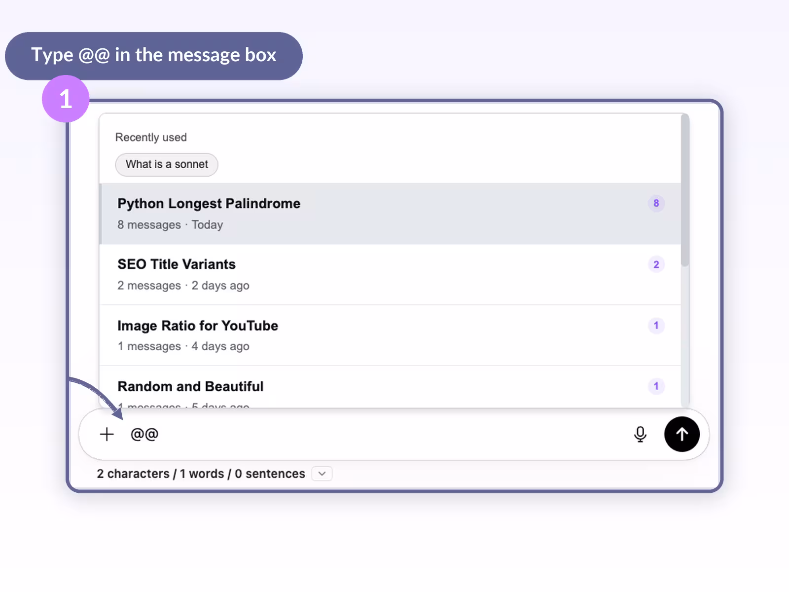 Step 1: typing @@ in the ChatGPT message box opens the AI Toolbox Recently used conversation picker