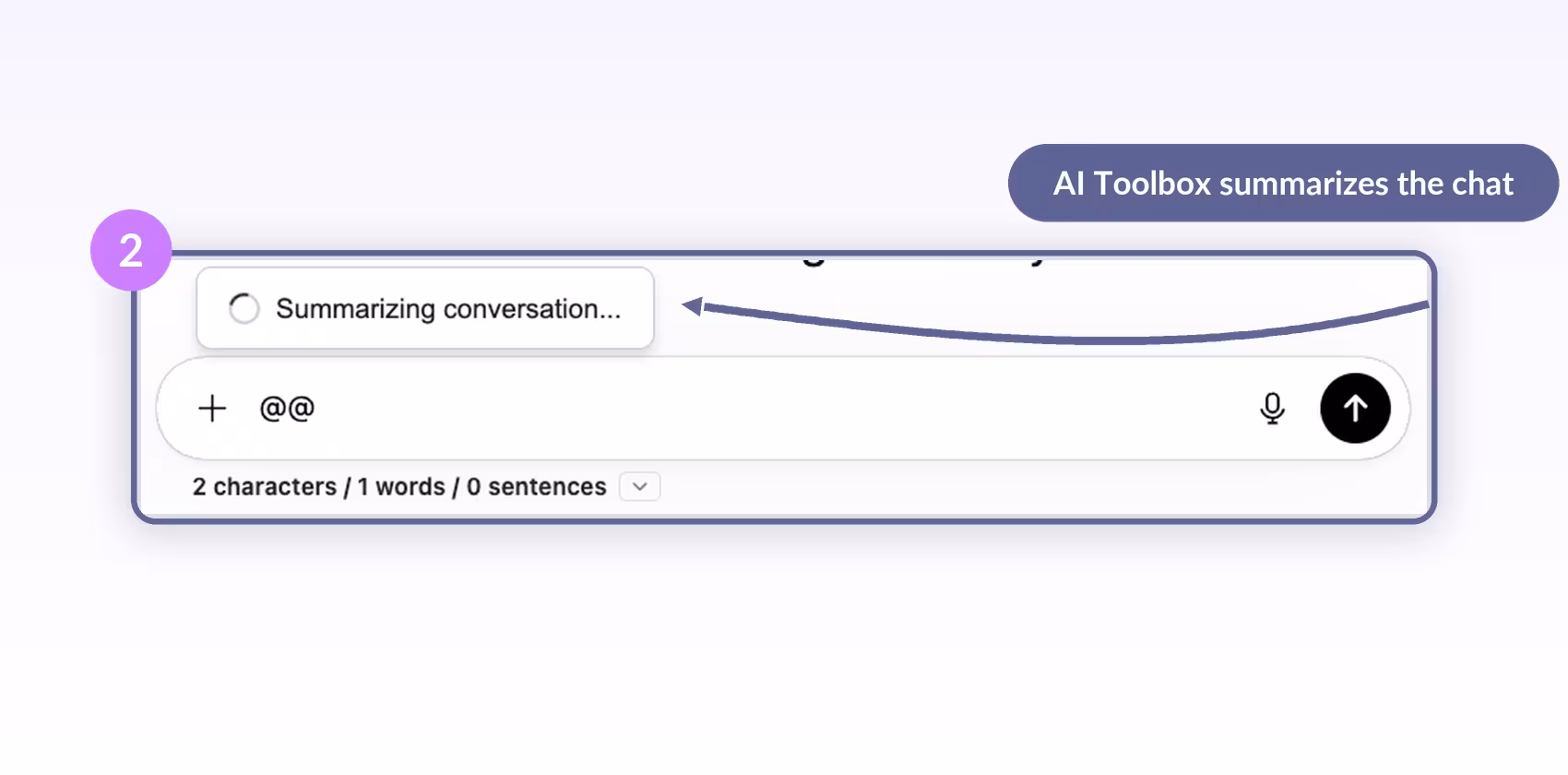 Step 2: AI Toolbox shows Summarizing conversation after a past chat is selected for a Context Mention