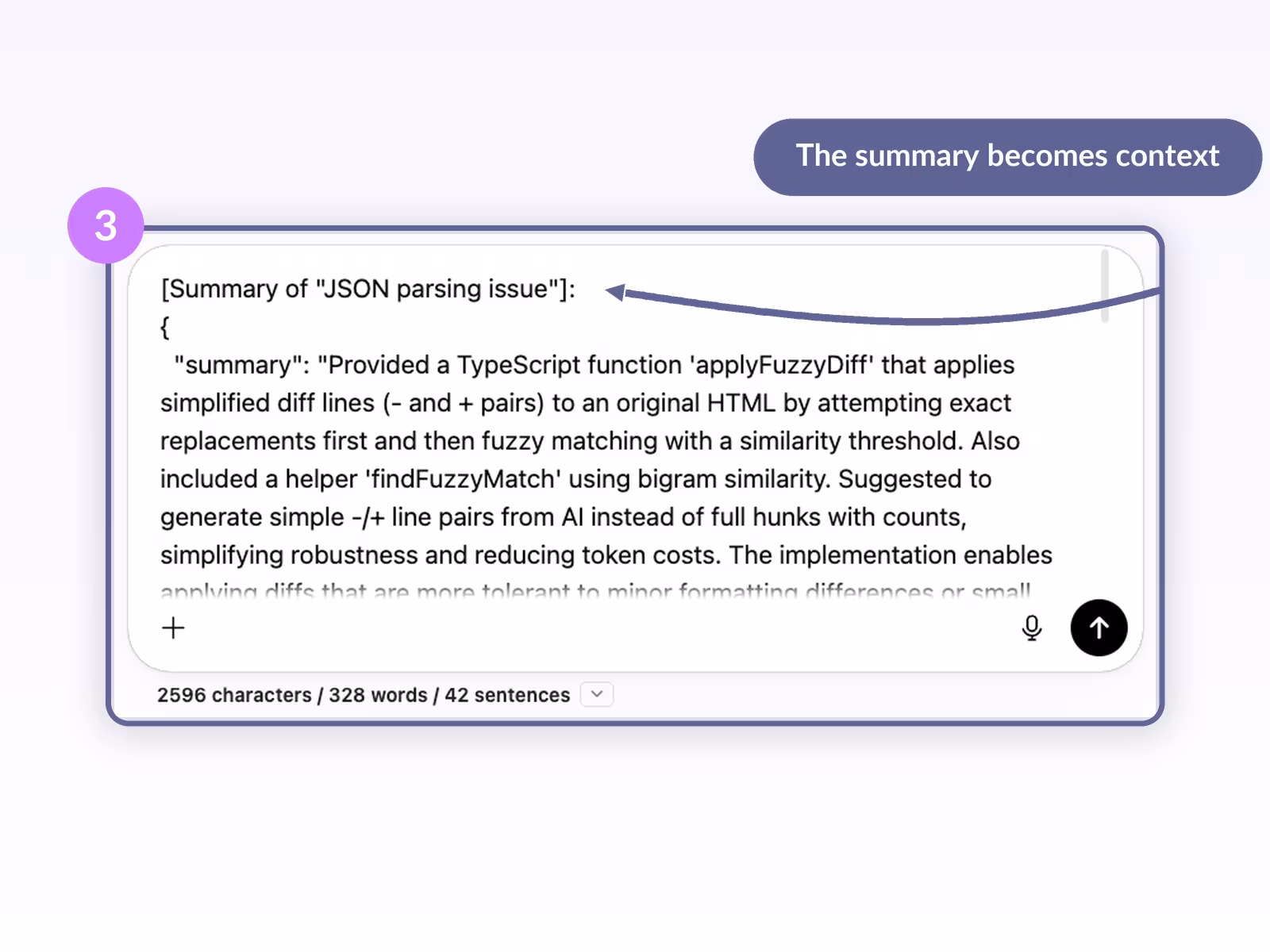 Step 3: the summarized past conversation is inserted into the ChatGPT prompt as a labelled context block