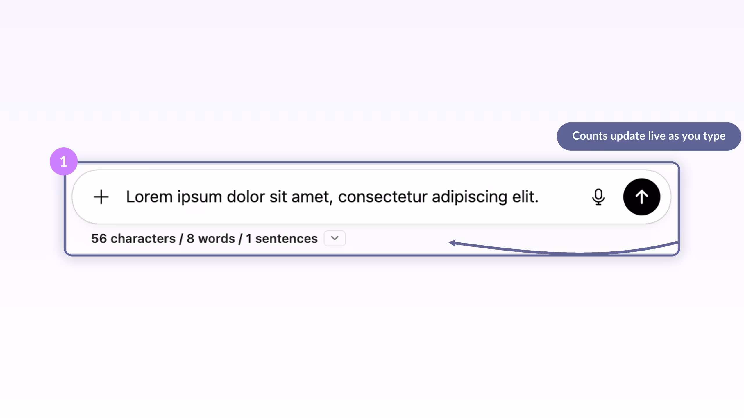 ChatGPT compose box with the live counter reading 56 characters / 8 words / 1 sentences as the user types