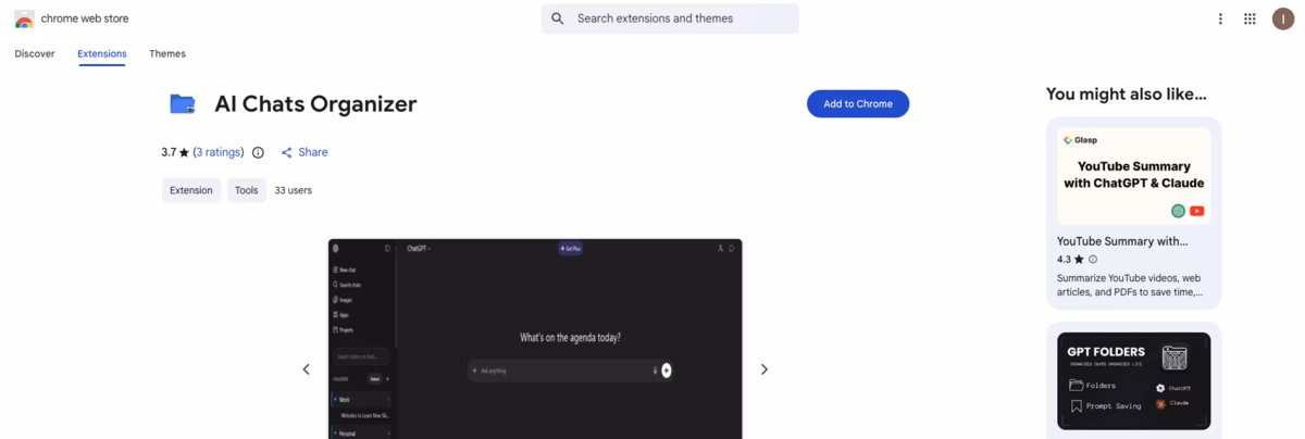 Ai Chats Organizer Chrome extension listing showing very low user count and minimal review base