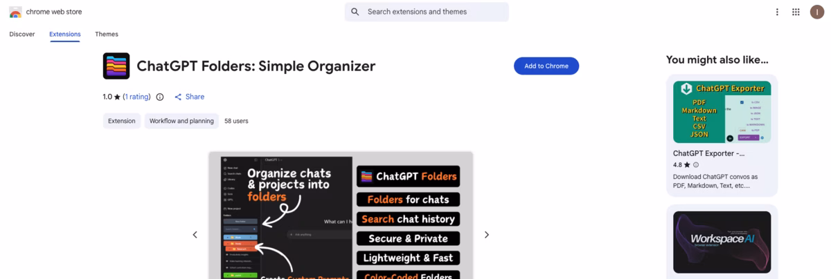 ChatGPT Folders Chrome extension showing low user count and basic folder organization features