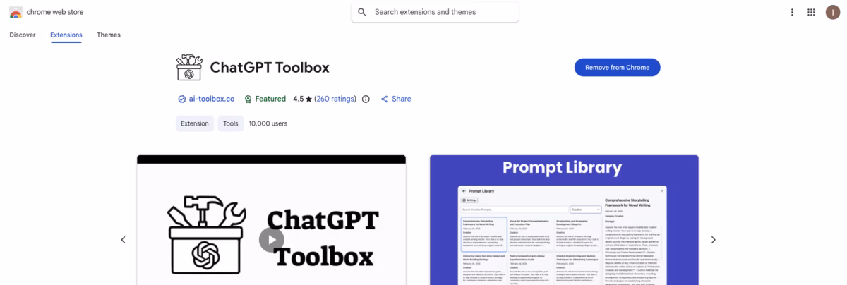 ChatGPT Toolbox Chrome Web Store listing showing 18,000+ users, 4.5 star rating, and Featured badge