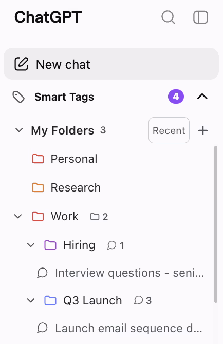AI Toolbox folder tree rendered inside the ChatGPT sidebar with color-coded folders Personal, Research, and Work and nested subfolders Hiring and Q3 Launch