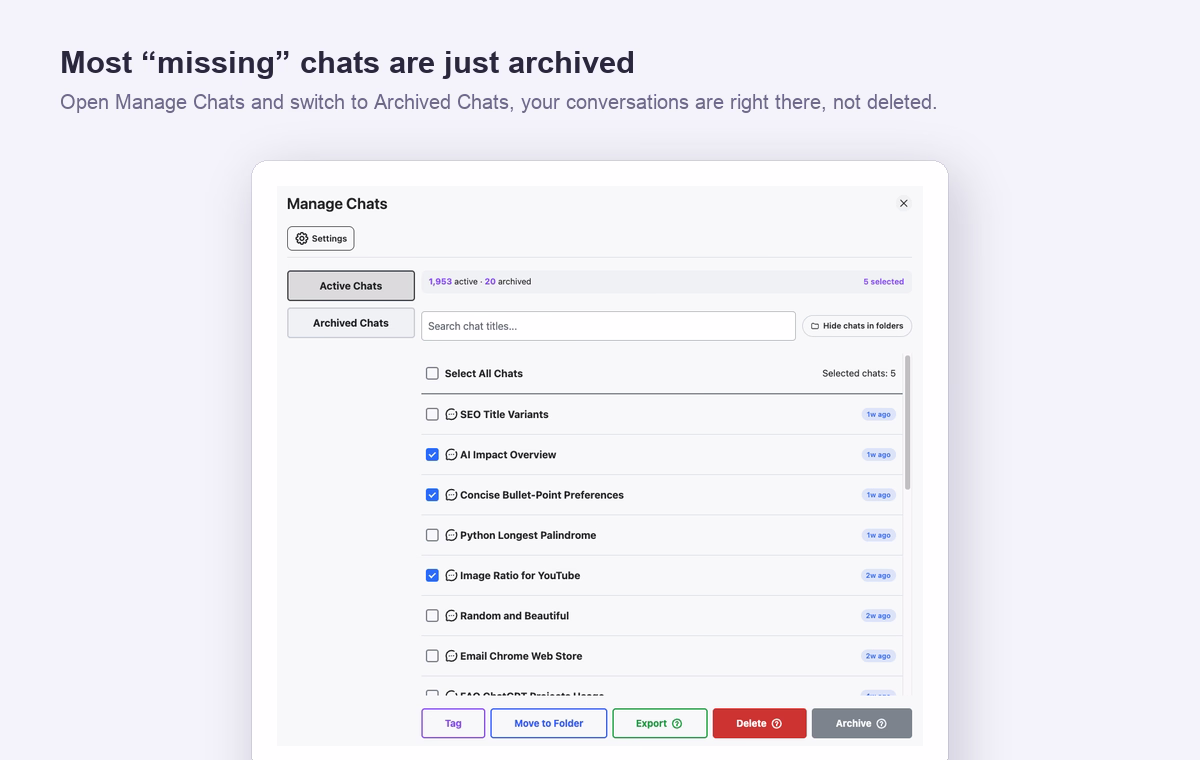 AI Toolbox Manage Chats with an Archived Chats tab, where most missing ChatGPT conversations are found