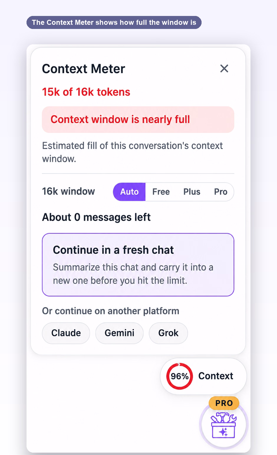 AI Toolbox Context Meter reading 15k of 16k tokens, context window nearly full, with a continue-in-a-fresh-chat option