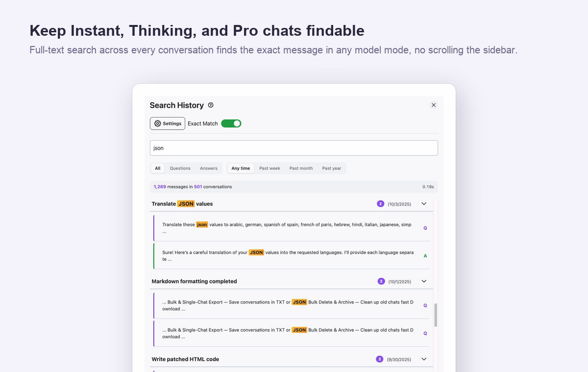 AI Toolbox full-text search across ChatGPT conversations, finding the exact message in any model mode without scrolling the sidebar