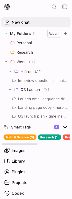 The same ChatGPT sidebar with AI Toolbox: the chats organized into colored folders and subfolders, with smart tag chips below