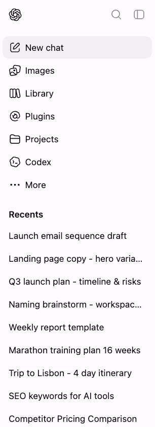ChatGPT sidebar without AI Toolbox: one flat list of chats under Recents, with no folders, tags, or content search