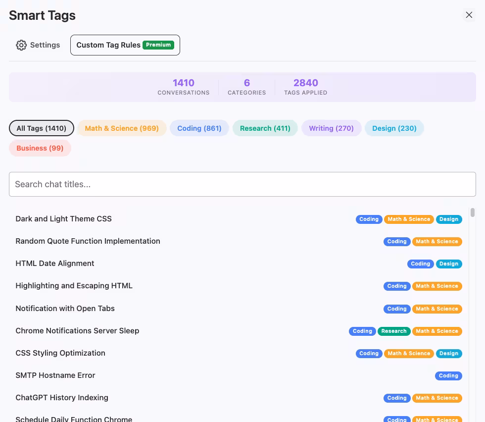 ChatGPT Smart Tags view showing category pills and conversations labeled Coding, Math and Science, Research, and Design