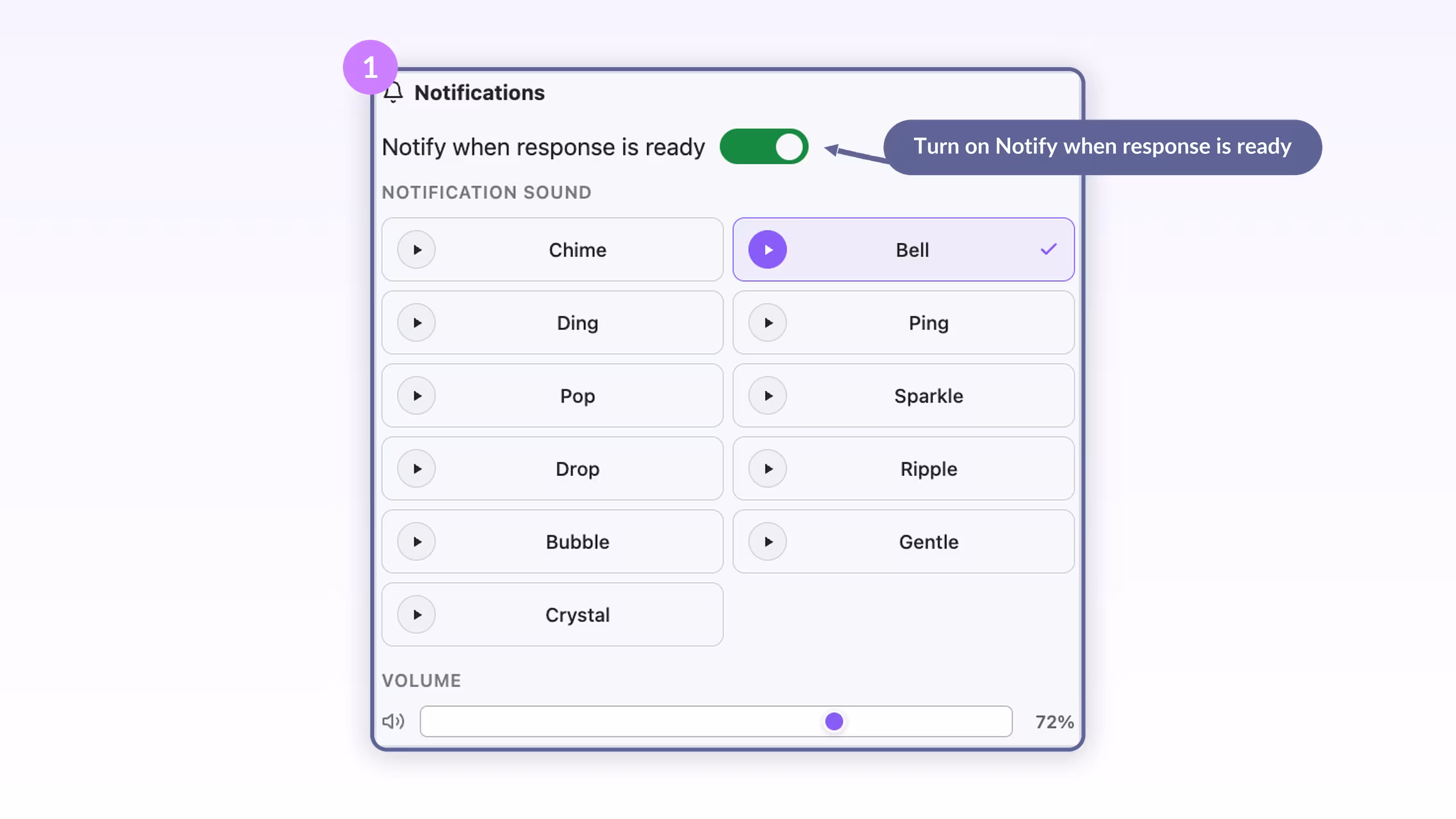 AI Toolbox Notifications settings with the Notify when response is ready toggle switched on above a grid of sounds