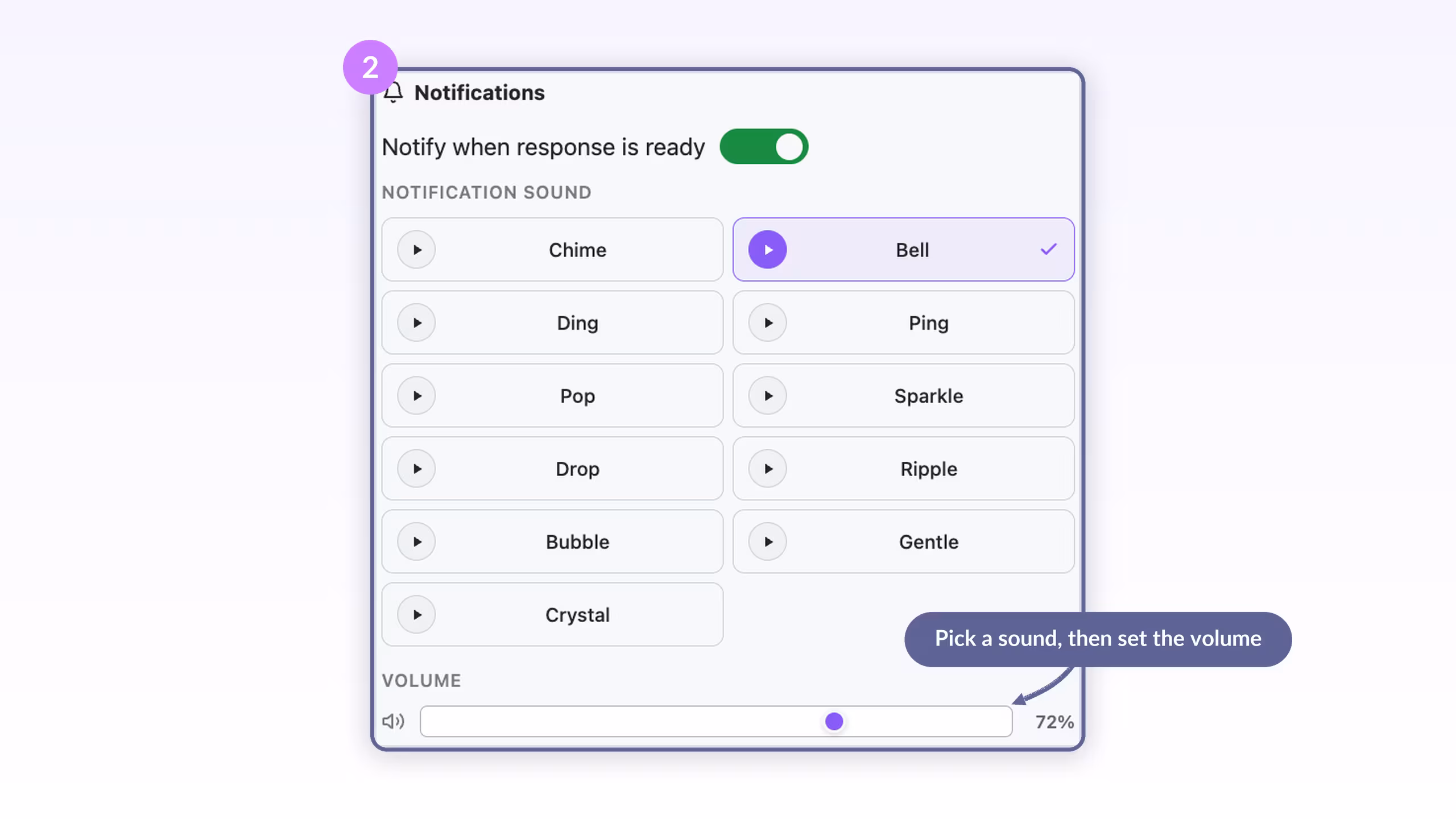 AI Toolbox notification sound grid with a volume slider set to 72 percent at the bottom