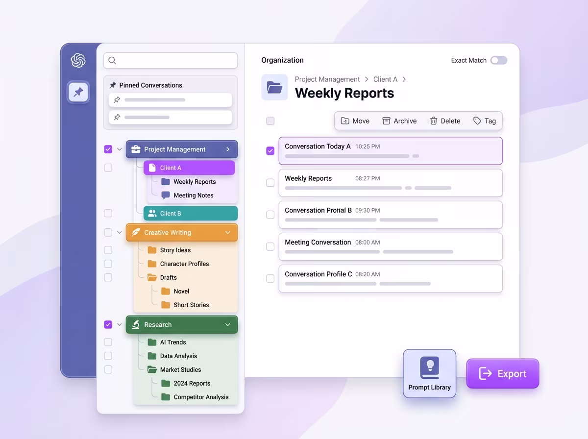 ChatGPT Toolbox folder hierarchy with subfolders, pins, and search features