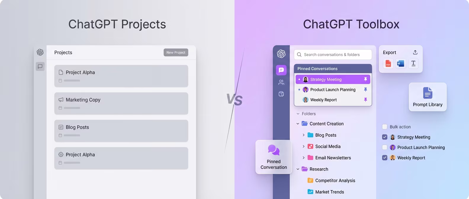 Side-by-side comparison of ChatGPT Projects and ChatGPT Toolbox organization interfaces