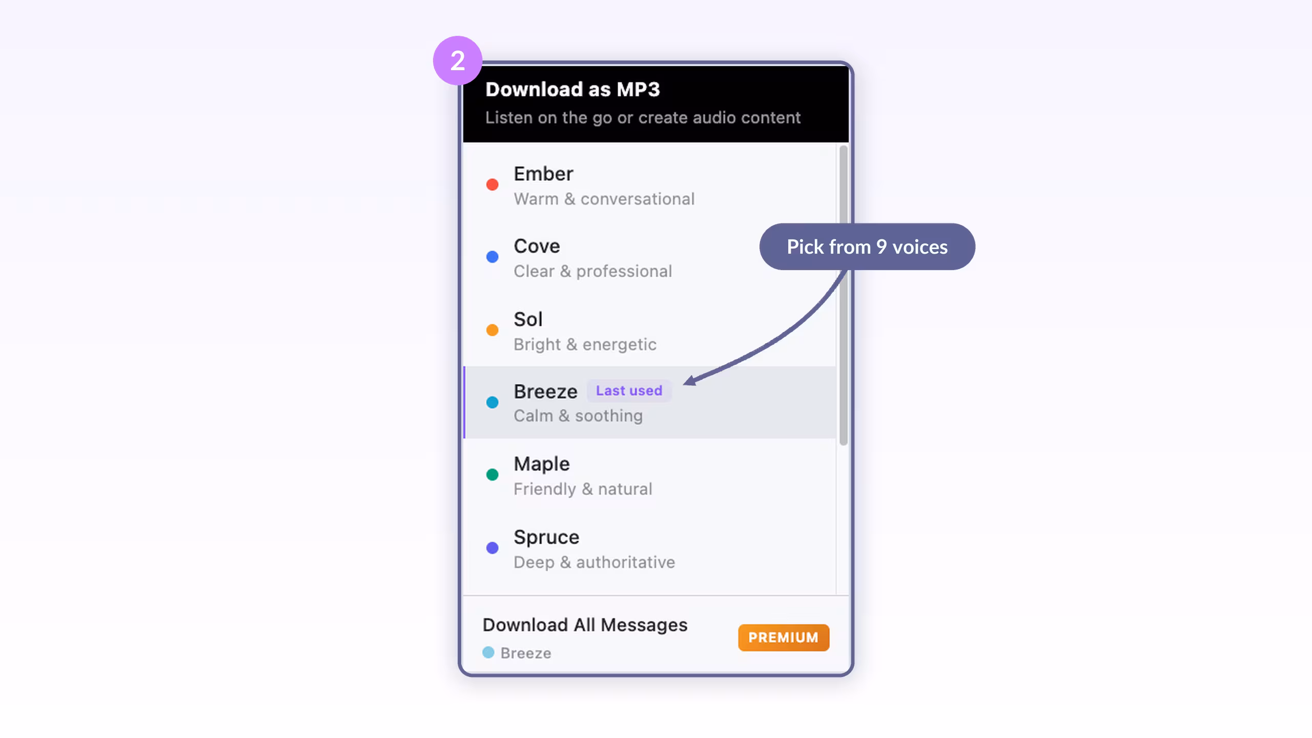 The Download as MP3 voice menu showing Ember, Cove, Sol, Breeze marked Last used, Maple, and Spruce with descriptions