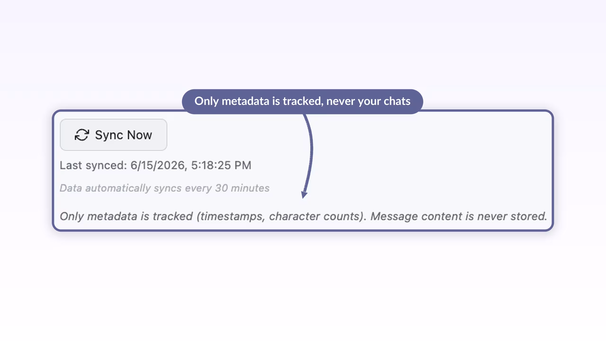 AI Toolbox sync panel stating only metadata is tracked, timestamps and character counts, and message content is never stored