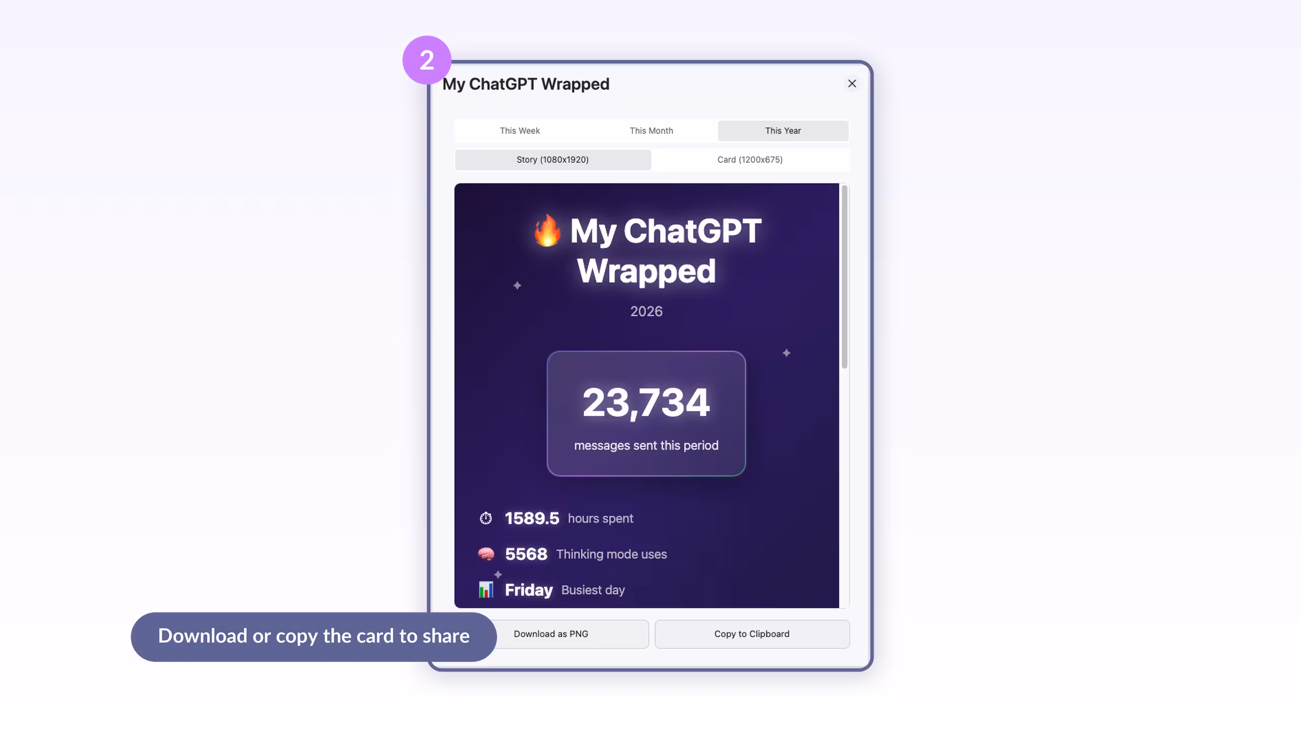 The ChatGPT Wrapped generator with This Week, This Month, This Year tabs, Story and Card formats, and Download as PNG and Copy to Clipboard buttons