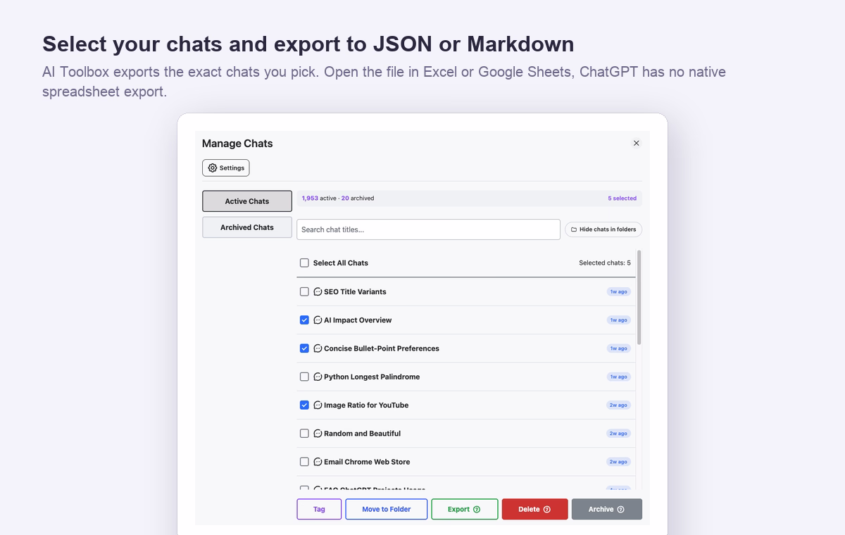 AI Toolbox Manage Chats: select conversations and export to JSON or Markdown for a spreadsheet