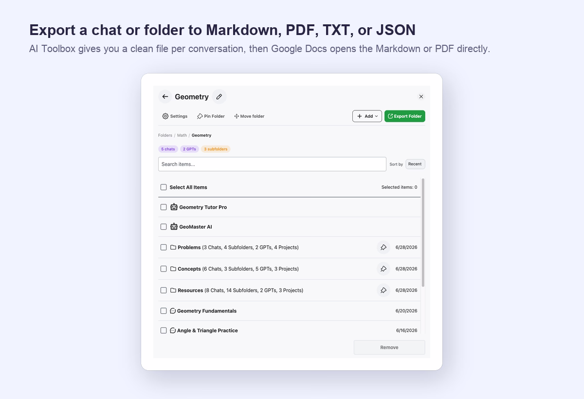 AI Toolbox exporting a ChatGPT folder to Markdown, PDF, TXT, or JSON
