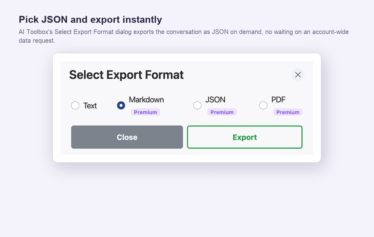 AI Toolbox Select Export Format dialog with Text, Markdown, JSON, and PDF options and an Export button
