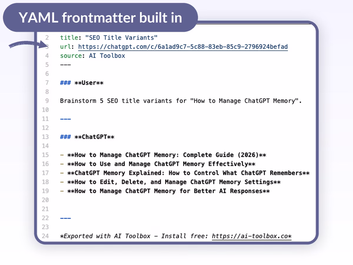 Exported ChatGPT conversation as a Markdown file open in a code editor showing YAML frontmatter with title url and source followed by headed User and ChatGPT turns