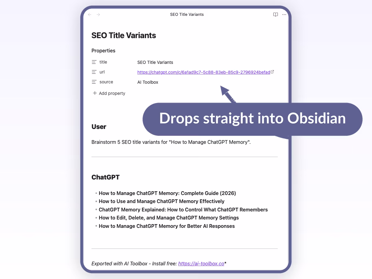 Exported ChatGPT Markdown file rendered in Obsidian with the YAML frontmatter shown as Properties including title url and source above the formatted conversation