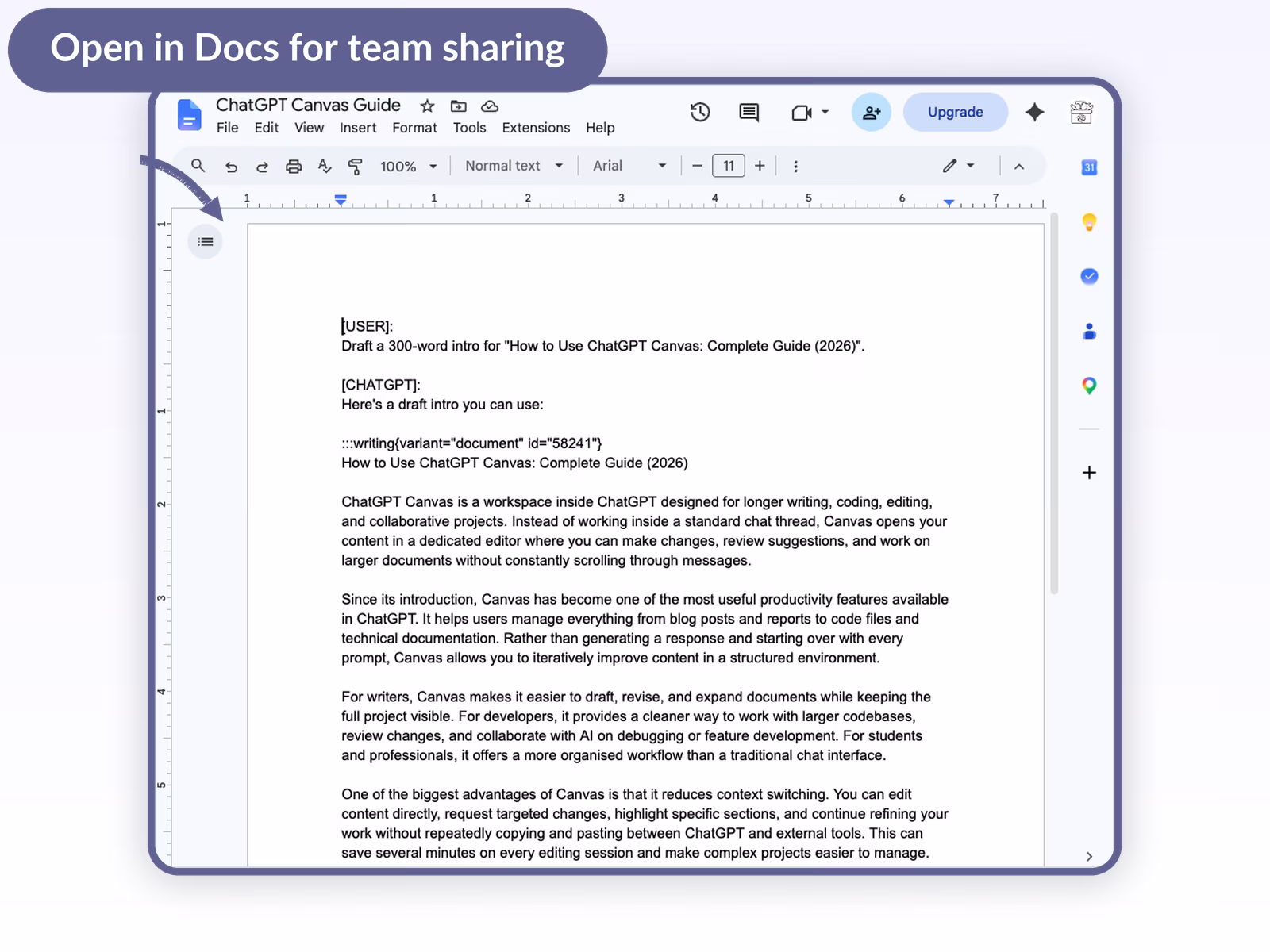 Google Docs window with an imported ChatGPT Canvas Guide conversation showing the user prompt and ChatGPT response as formatted text in a shareable document