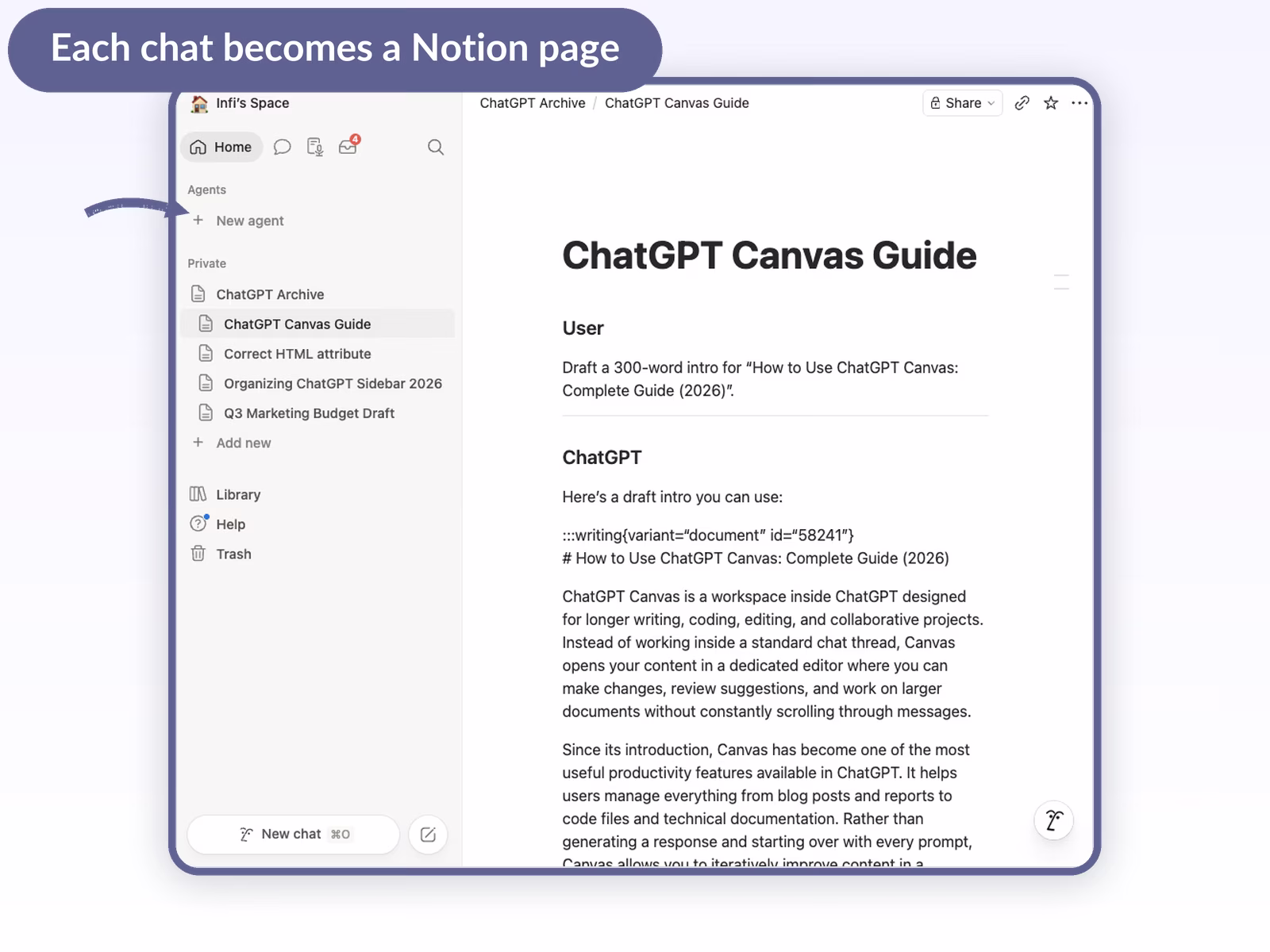 Notion sidebar with a ChatGPT Archive page containing four imported child pages, one open showing the conversation rendered as Notion blocks