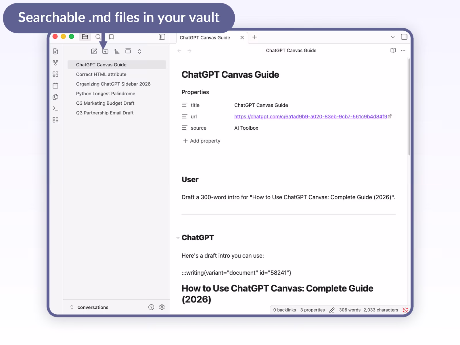 Obsidian vault sidebar with six ChatGPT conversations imported as .md files, one open showing the rendered Markdown with properties block and conversation turns