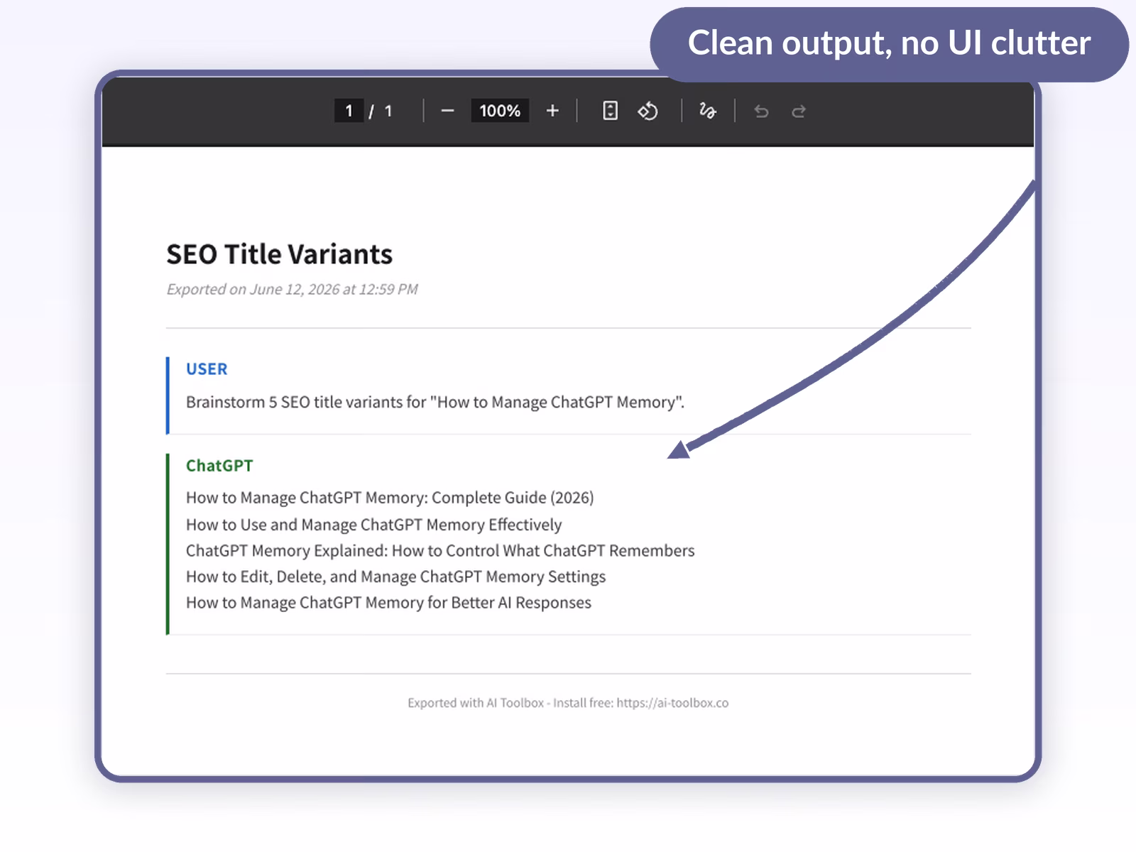 Exported ChatGPT conversation PDF open in a viewer showing the chat title, export timestamp, and clean User and ChatGPT turns with no interface clutter