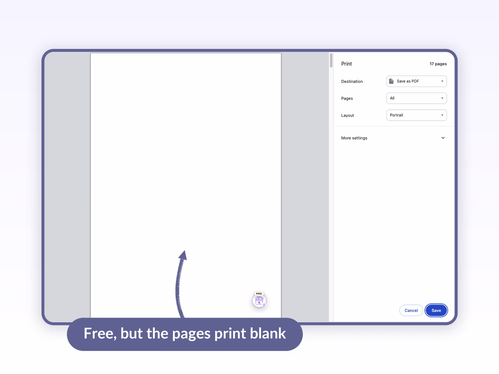 Browser print dialog on a long ChatGPT conversation showing a 17-page job whose preview is a completely blank page with only a floating extension icon in the corner and none of the conversation content